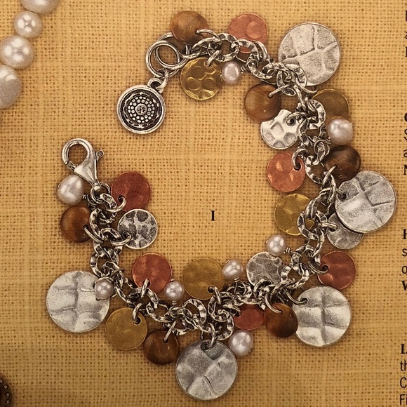 Vintage Silpada Cha-Cha Sterling Silver Brass Tiger’s Eye Pearl Copper Bracelet - Picture 1 of 16